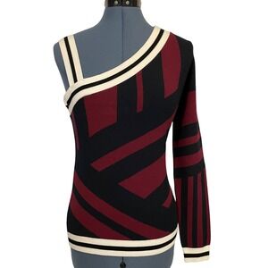 Karen Millen One Shoulder Navy Maroon White Geometric Stripe Print Knit Top Sz L